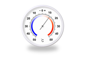 Outdoor thermometer on white background. Ambient temperature plus 12 degrees celsius