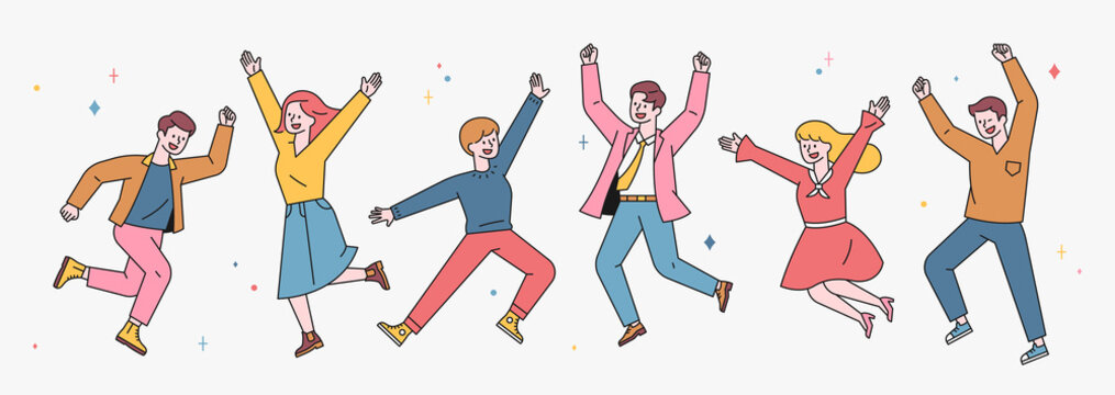 People are jumping with joyful expressions. A character with an outline of young adults in casual fashion. flat design style minimal vector illustration.