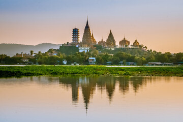 Landscape of Wat Tham Sua Temple (Tiger Cave Temple) in Sunset at Kanchanaburi Province, Thailand.