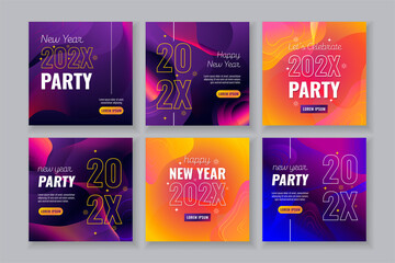 Naklejka premium Social media post templates for new year celebrations or parties, with festive colors, modern and contemporary graphic style.