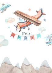Watercolor children composition Transport by Air with cute plane, mountains, clouds, flags - 398630511