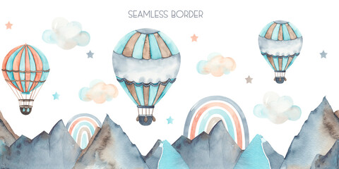 Watercolor children seamless border Transport by Air with hot air balloons, clouds, mountains, rainbow