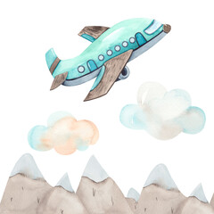 Aquarell Kinderkomposition Transport auf dem Luftweg mit niedlichem Flugzeug, Bergen, Wolken