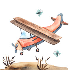 Watercolor children composition Transport by Air with cute plane, butterfly © Анна Егорова