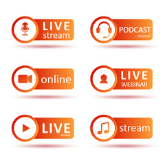 Podcast or radio logo set. Gradient icons and buttons of live streaming, broadcasting, online webinar. Label for tv, shows, movies and live performances. Vector flat illustration.