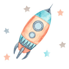 Watercolor children composition Transport by Air with rocket, stars - 398630565