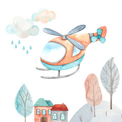 Obraz premium Watercolor children composition Transport by Air with helicopter, houses, trees, cloud