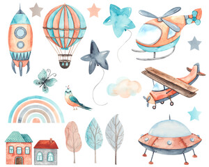 Watercolor children collection Transport by Air with cute plane, helicopter, hot air balloons, clouds, butterfly, bird - 398630593