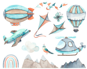 Watercolor children collection Transport by Air with cute plane, helicopter, hot air balloons, clouds, butterfly, bird © Анна Егорова