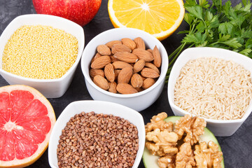 Natural ingredients, fruits and vegetables containing vitamins for healthy thyroid