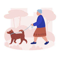 An elderly woman walks with a dog in the park. Vector illustration in flat style.