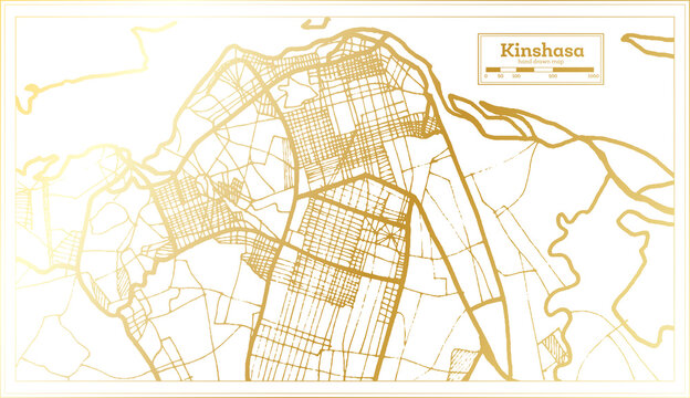 Kinshasa Democratic Republic of the Congo City Map in Retro Style in Golden Color. Outline Map.