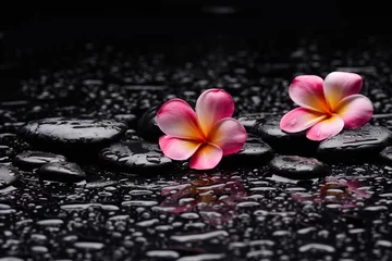 Foto op Plexiglas spa still life of with two pink  frangipani and zen black stones ,wet background  © Mee Ting