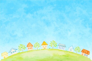 青空と丘の上の街並みの風景イラスト