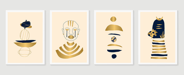 Abstract wall arts Gold vector collection.  Earth tones organic shape Art design for poster, print, cover, wallpaper, Minimal and  natural wall art. Vector illustration.