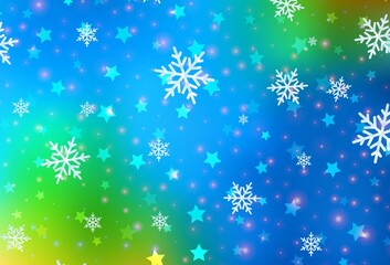 Fototapeta na wymiar Light Blue, Green vector template with ice snowflakes, stars.