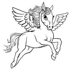 Cute pony pegasus. Vector isolated illustration. Children's coloring page for printing.