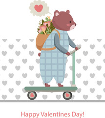 Valentine's day greeting card with a cute bear. Bear rides a scooter with a bouquet of flowers in a backpack. Hand-drawn vector illustration