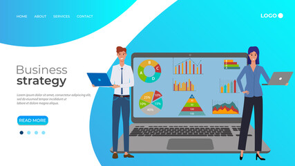 Business strategy.A young woman and a man work on their laptops.Office work, online freelancing and business analytics.Flat vector illustration.The template of the landing page.