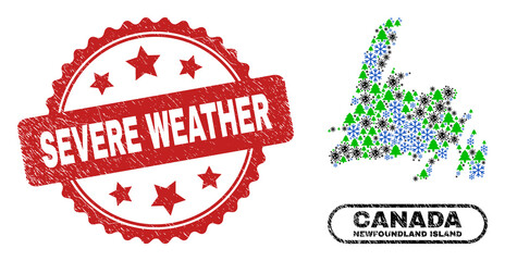 Vector Covid-2019 Christmas combination Newfoundland Island map and Severe Weather corroded stamp imitation. Severe Weather imprint uses rosette shape and red color.