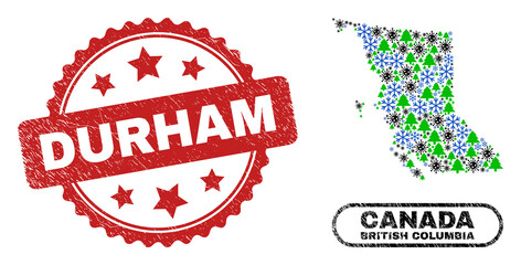 Vector pandemic New Year collage British Columbia map and Durham textured stamp seal. Durham stamp seal uses rosette shape and red color. Collage British Columbia map is formed of scattered virus,