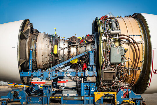 plane engine without cover under repair