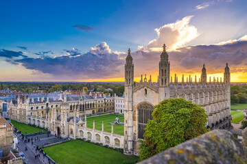 Cambridge city in England at sunset. Top view 