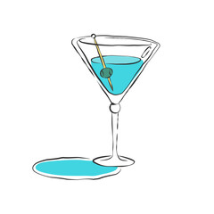 Wineglass martinie. Drink element. Color object. Retro glass wine hand draw, design for any purposes. Restaurant illustration. Simple sketch. Isolated on white background in engraving style