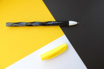 pen and black white yellow background .  Template with copy space, flat design, layout. Planning...