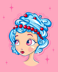 Hairstyle of whipped cream. Portrait of a cute girl. Vector illustration.