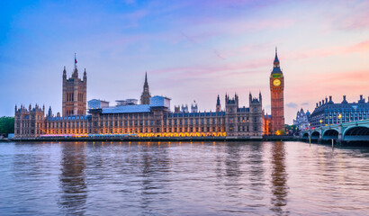 Houses of Parliament and Big Ben at sunset in London