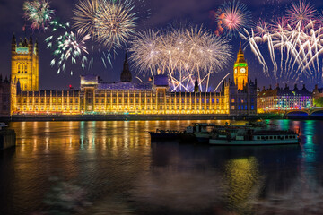 Fireworks near Big Ben and Westminster. New Year in London, UK