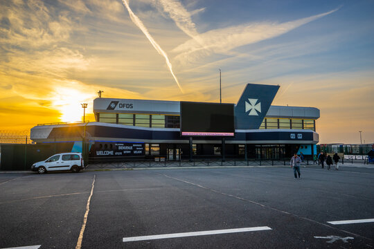Dunkirk, France-August. 2019:DFDS Seaways ferry terminal at the port of Dunkirk in France 