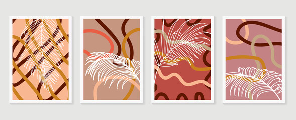 Palm leaves wall art vector set. Earth tone boho foliage line art drawing with abstract shape. Tropical Plant Art design for print, cover, wallpaper, Minimal and natural wall art.