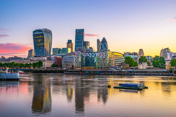 Fototapeta na wymiar London financial district near south bank of river Thames at sunrise