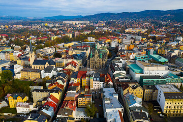 Obraz premium Aerial view of Liberec cityscape with buildings and streets, Czech Republic