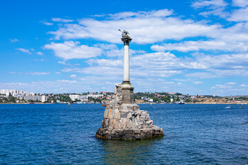 Monument to the Scuttled Ships in Sevastopol, in good summer weather in the Black Sea.