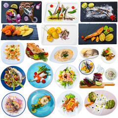 Fototapeta na wymiar Set of various plates of fish food isolated on white background