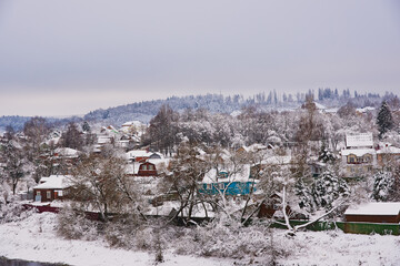 snow-covered village with bright wooden houses on the background of the forest and overcast sky. Winter rural landscape.