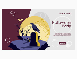 Halloween invitation banner. Happy Halloween night event party, festival template with graveyard and gravestone at moonlight cartoon vector illustration