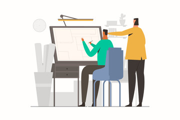 Man architect working at office. Architectural Desk for Sketching. Large Sheet Paper, Ruler Architect Workplace. Engineer Office Room. 