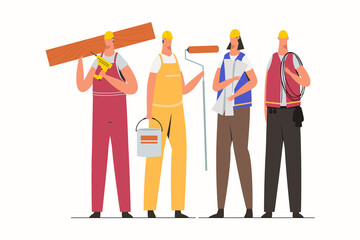 Civil engineering team. Professional construction team. Male and female engineers in hard hats. Flat vector illustration