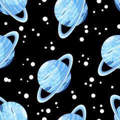 Uranus abstract seamless space pattern background with planets with rings on black background. Solar system planets children wallpaper texture tile. Vector image © Olga