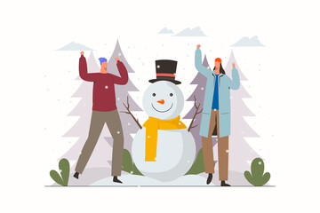 People building snowman. Merry christmas celebration with family. Happy holiday and winter season. Flat vector character illustration