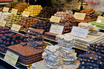 Christmas market stall with chocolate