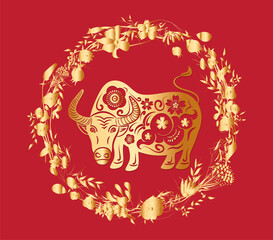 Fototapeta premium Chinese Happy new year 2021. Year of the bull. Gold and red Greeting card , poster, emblem