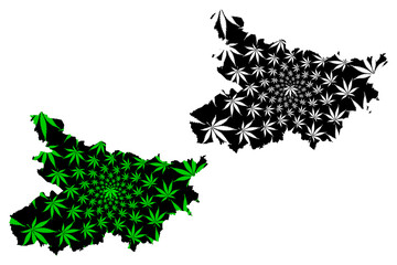 Naklejka premium Bihar (States and union territories of India, Federated states, Republic of India) map is designed cannabis leaf green and black, Bihar state map made of marijuana (marihuana,THC) foliage....
