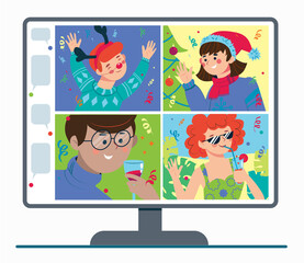 Online party with friends. Celebrating Christmas and new year on the Internet. Festive table with a monitor. Vector flat illustration