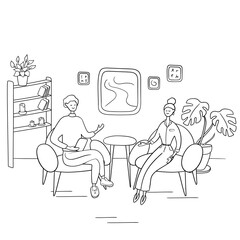 Interview show. Interviewer asks young woman questions. Two people sit on chairs and talk. Hand drawn vector illustration in cartoon style