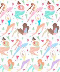 Fototapeta na wymiar Seamless pattern of happy various sports girl jumping and exercises. Body positivity, confidence and self acceptance. The power of women and feminism. Delicate vector texture for wallpaper, fabric